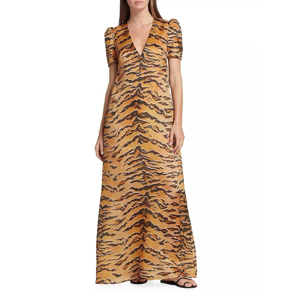 Zimmermann Women Matchmaker Tiger Silk Maxi Dress Tan Size 0P / US 2P 2 Petite